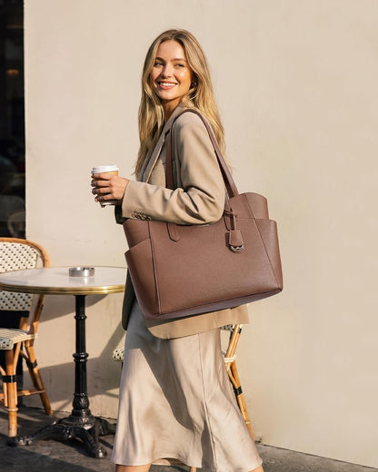 Lunch Bag for Women,2 in 1 PU Work Tote Bag with Lunch Compartment with Giant Tumbler Side Pocket, 17.3" Laptop Tote Bag with Padded Sleeve for Teacher,Nurse,College