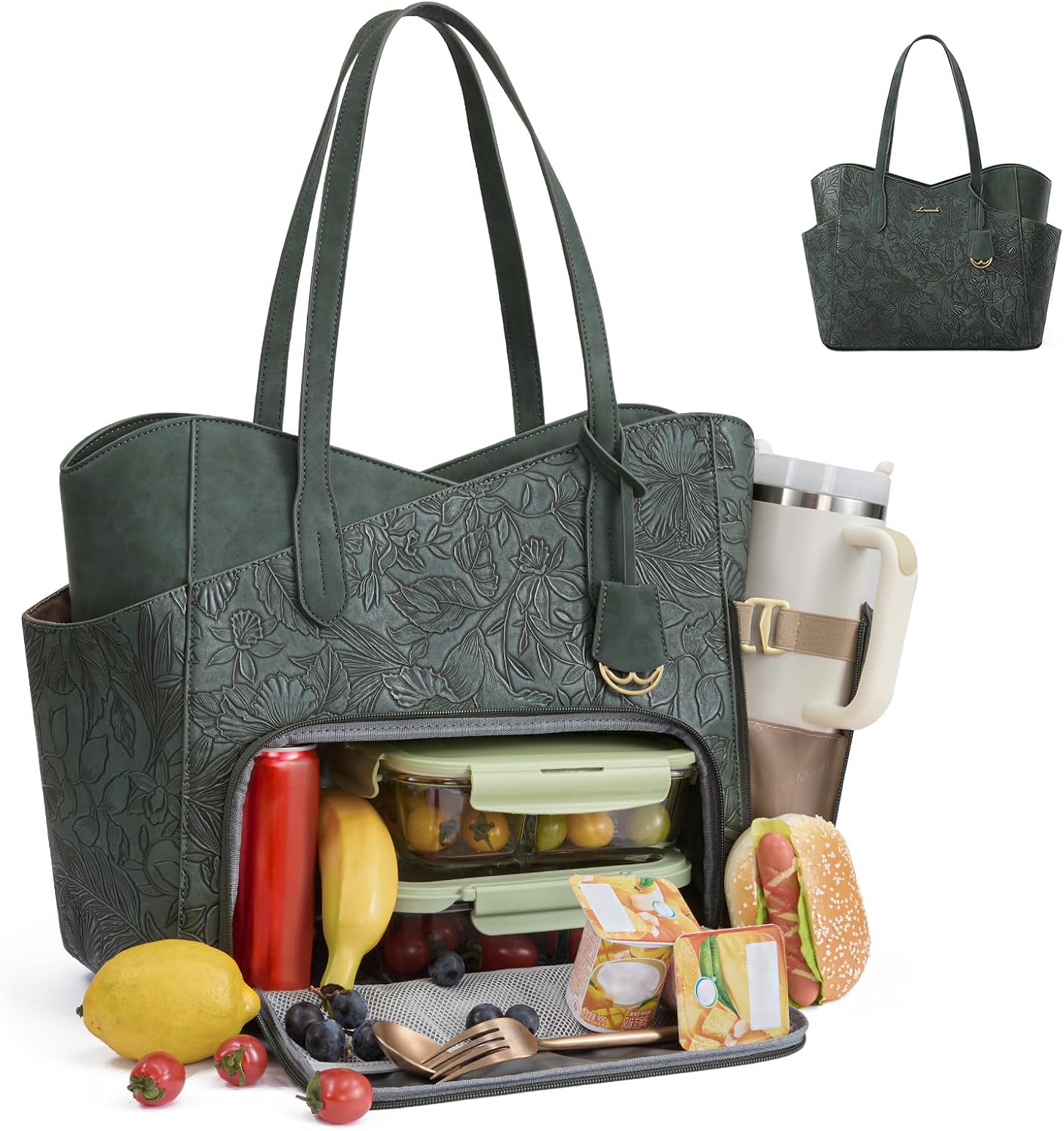 Lunch Bag for Women,2 in 1 PU Work Tote Bag with Lunch Compartment with Giant Tumbler Side Pocket, 17.3" Laptop Tote Bag with Padded Sleeve for Teacher,Nurse,College