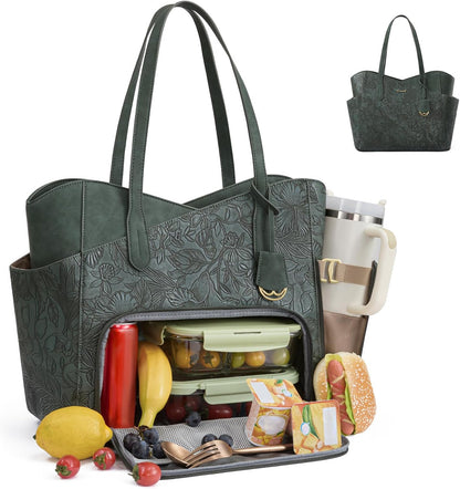 Lunch Bag for Women,2 in 1 PU Work Tote Bag with Lunch Compartment with Giant Tumbler Side Pocket, 17.3" Laptop Tote Bag with Padded Sleeve for Teacher,Nurse,College