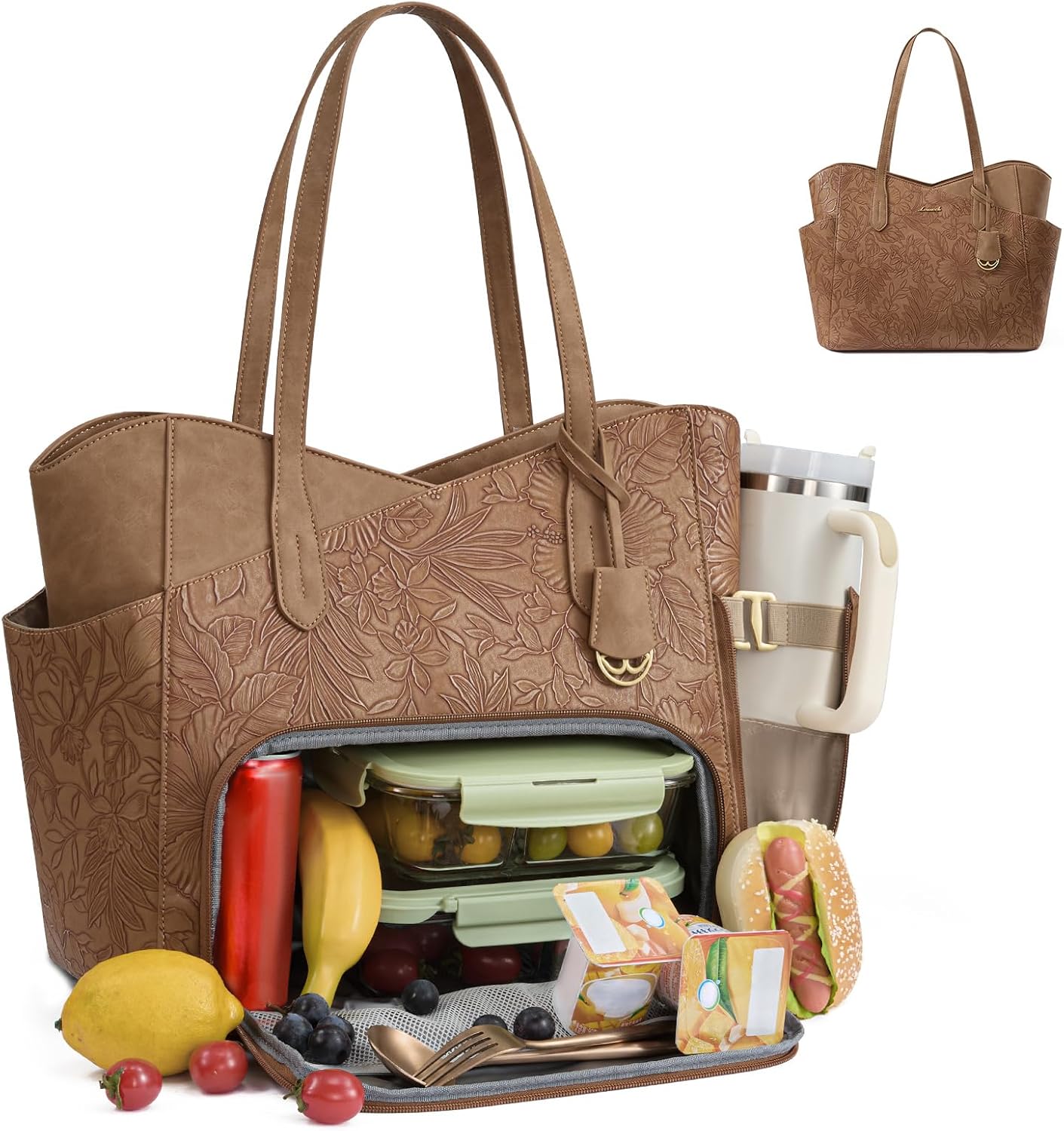 Lunch Bag for Women,2 in 1 PU Work Tote Bag with Lunch Compartment with Giant Tumbler Side Pocket, 17.3" Laptop Tote Bag with Padded Sleeve for Teacher,Nurse,College