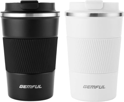 GEMFUL 13oz Travel Coffee Mugs, Insulated Stainless Steel Set (2 Pack) | Double-wall Vacuum Insulation, 380ml, Leak-proof Lids, Bpa-free, for Couple/friends, Hot/cold For Commute/Office, Easy Clean