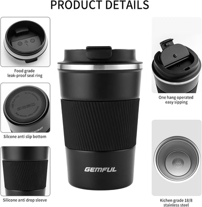GEMFUL 13oz Travel Coffee Mugs, Insulated Stainless Steel Set (2 Pack) | Double-wall Vacuum Insulation, 380ml, Leak-proof Lids, Bpa-free, for Couple/friends, Hot/cold For Commute/Office, Easy Clean
