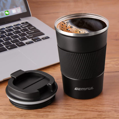GEMFUL 13oz Travel Coffee Mugs, Insulated Stainless Steel Set (2 Pack) | Double-wall Vacuum Insulation, 380ml, Leak-proof Lids, Bpa-free, for Couple/friends, Hot/cold For Commute/Office, Easy Clean