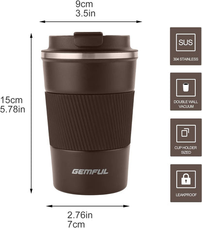 GEMFUL 13oz Travel Coffee Mugs, Insulated Stainless Steel Set (2 Pack) | Double-wall Vacuum Insulation, 380ml, Leak-proof Lids, Bpa-free, for Couple/friends, Hot/cold For Commute/Office, Easy Clean