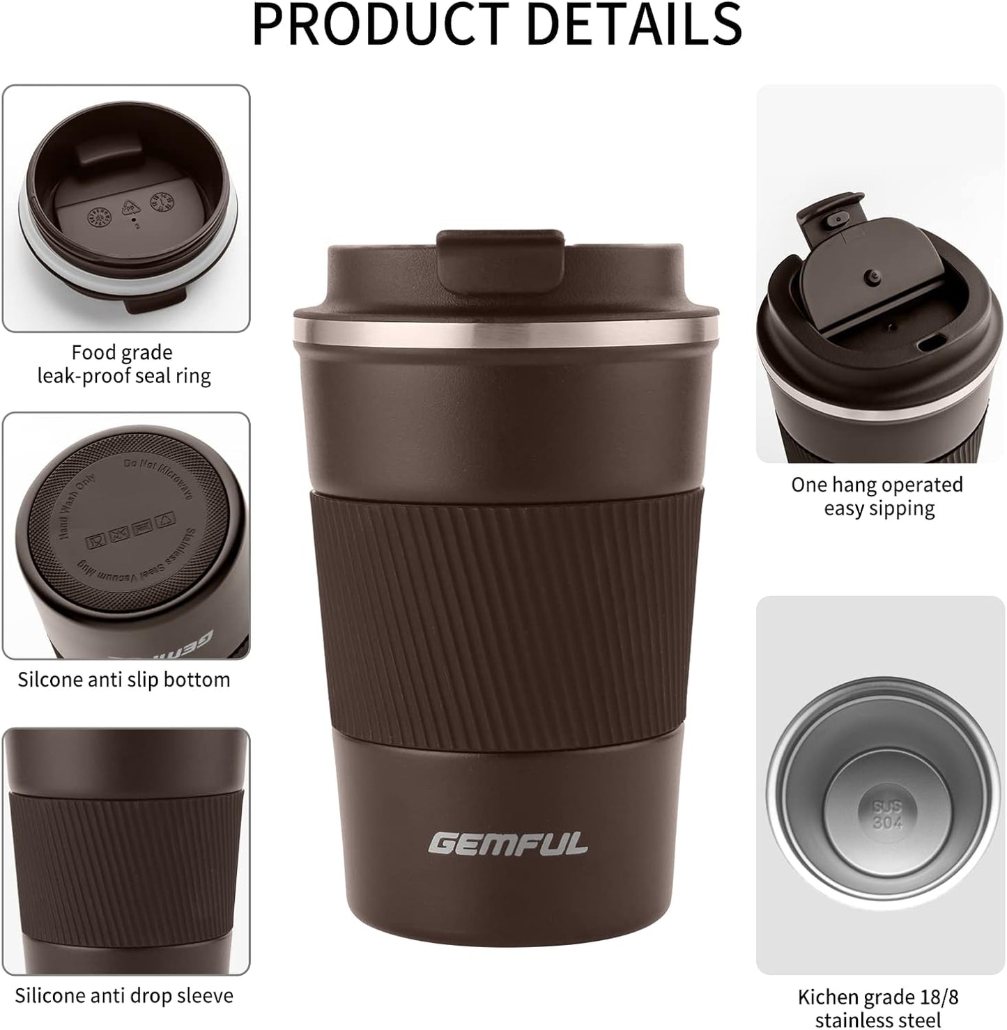 GEMFUL 13oz Travel Coffee Mugs, Insulated Stainless Steel Set (2 Pack) | Double-wall Vacuum Insulation, 380ml, Leak-proof Lids, Bpa-free, for Couple/friends, Hot/cold For Commute/Office, Easy Clean