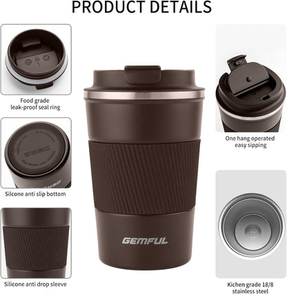 GEMFUL 13oz Travel Coffee Mugs, Insulated Stainless Steel Set (2 Pack) | Double-wall Vacuum Insulation, 380ml, Leak-proof Lids, Bpa-free, for Couple/friends, Hot/cold For Commute/Office, Easy Clean