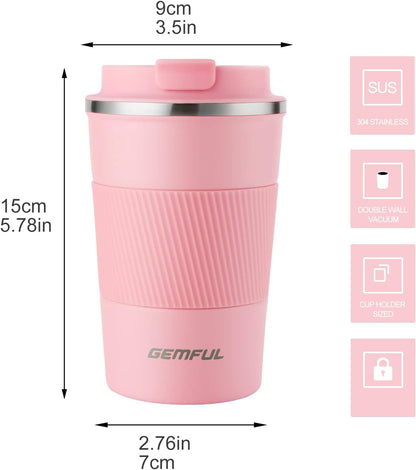 GEMFUL 13oz Travel Coffee Mugs, Insulated Stainless Steel Set (2 Pack) | Double-wall Vacuum Insulation, 380ml, Leak-proof Lids, Bpa-free, for Couple/friends, Hot/cold For Commute/Office, Easy Clean
