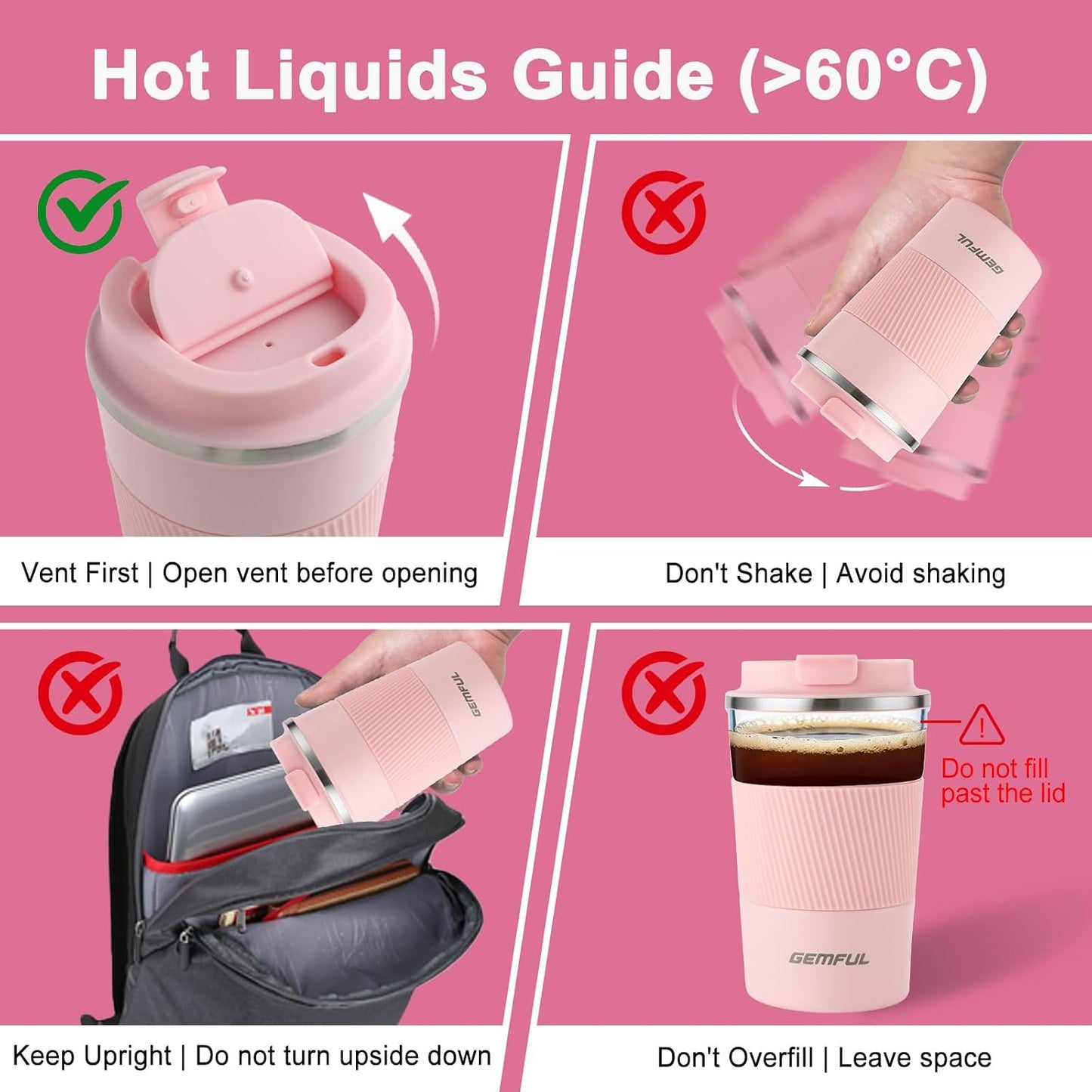 GEMFUL 13oz Travel Coffee Mugs, Insulated Stainless Steel Set (2 Pack) | Double-wall Vacuum Insulation, 380ml, Leak-proof Lids, Bpa-free, for Couple/friends, Hot/cold For Commute/Office, Easy Clean