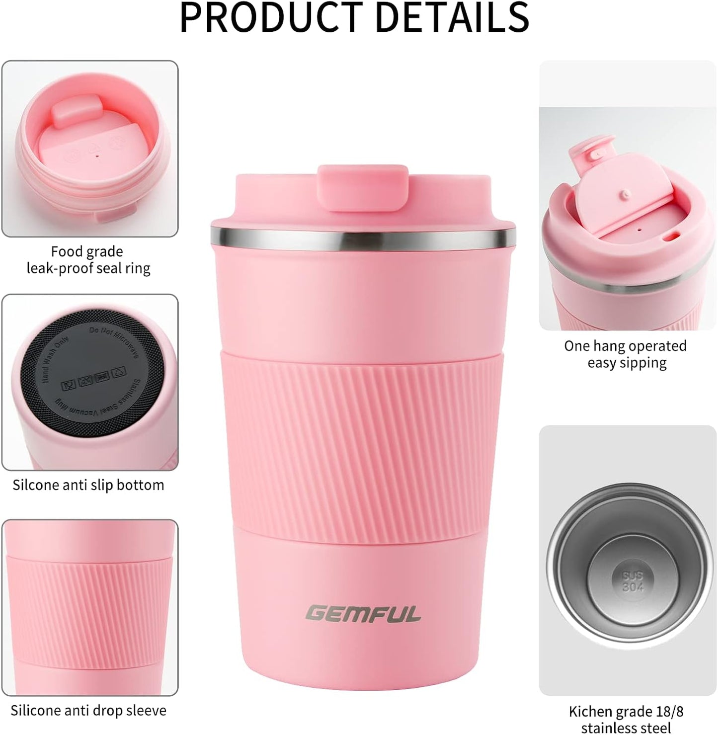 GEMFUL 13oz Travel Coffee Mugs, Insulated Stainless Steel Set (2 Pack) | Double-wall Vacuum Insulation, 380ml, Leak-proof Lids, Bpa-free, for Couple/friends, Hot/cold For Commute/Office, Easy Clean