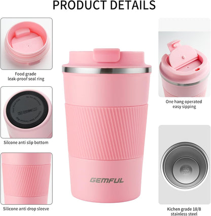 GEMFUL 13oz Travel Coffee Mugs, Insulated Stainless Steel Set (2 Pack) | Double-wall Vacuum Insulation, 380ml, Leak-proof Lids, Bpa-free, for Couple/friends, Hot/cold For Commute/Office, Easy Clean