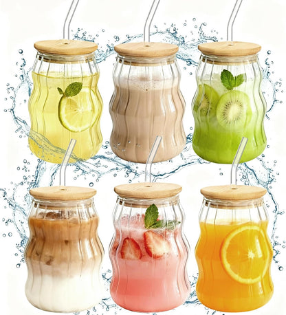 2 Packs Cute Glass Tumbler with Lid and Straw 16 oz Ice Coffee Cup Set for Smoothie Slushie Juice Matcha Tea Latte Cappuccino Espresso Hot Coffe Water Reusable Clear Travel Boba Aesthetic Drinking Mug