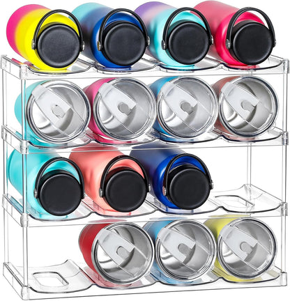 LARGER Compartment - 3 Tier Stackable Water Bottle Organizer Holder - for Stanley 40oz & Others' Large Tumbler - Clear Wine Rack, 12 Cup Bottle Holder for Cabinet Home Countertop Fridge Pantry Shelf