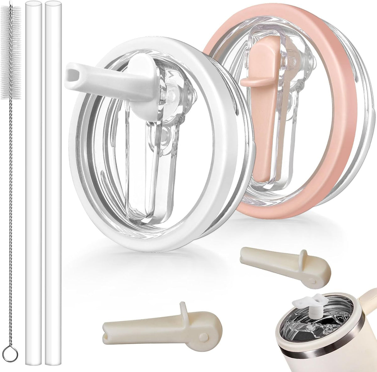 2 Pack Detachable Flip Straw Lid Replacement 40 oz for Stanley Quencher H2.0 ProTour | Stanley Cup Accessories, Flip Top, Deep Cleaning, Leakproof, Spill Proof, BPA Free (Beige, Beige) - Colors B