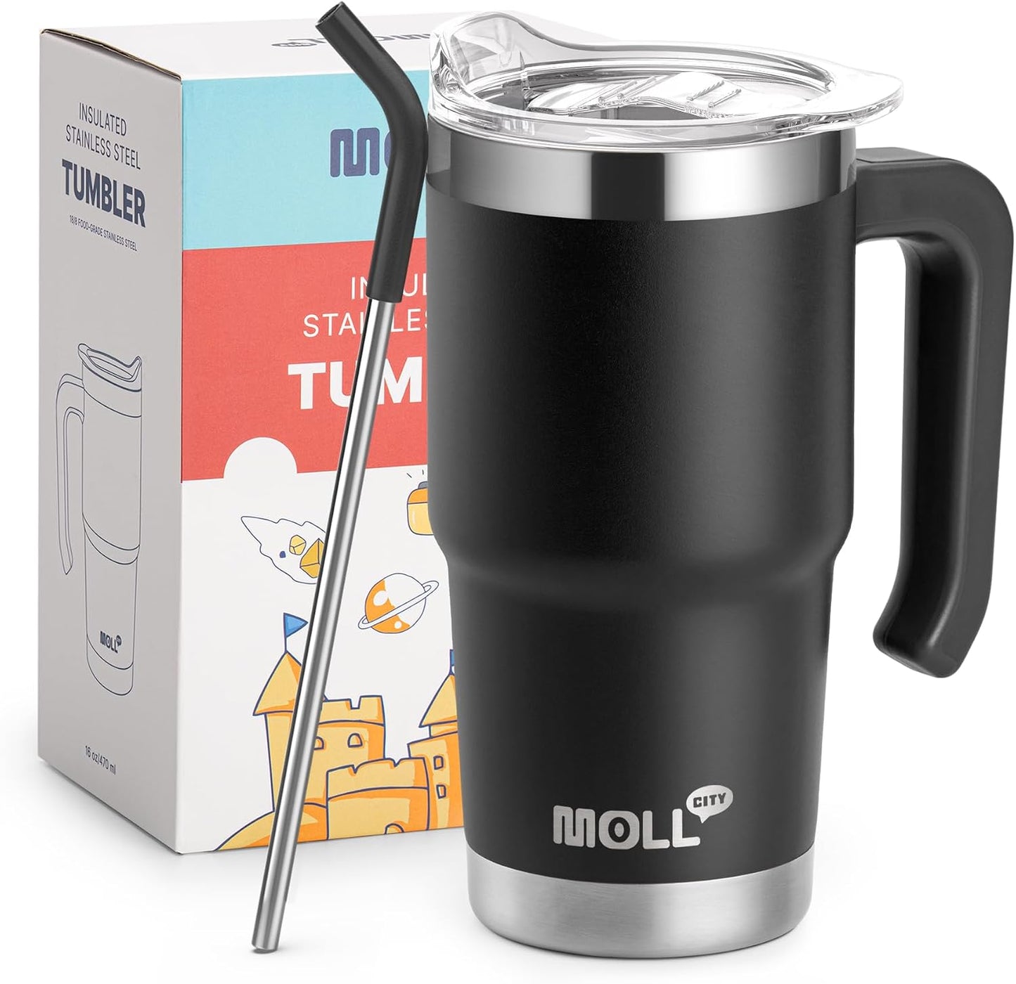 16 oz Tumbler with Handle, BPA-Free,Black | Premium Stainless Steel Double Wall Construction, Sweat-Free Body, Preserves Cold & Hot Drinks for Extended Hours