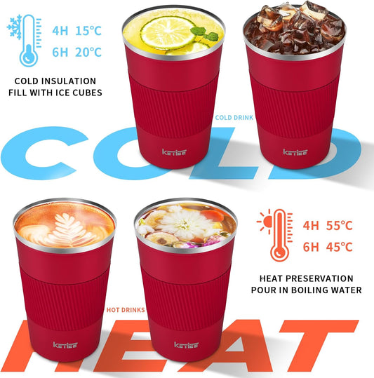 Travel Coffee Mug Spill Proof 12oz, Insulated Travel Mug to Go, Reusable Coffee Cup with Seal Lid, Vacuum Stainless Steel Tumbler for Hot/Cold Drinks (Red)