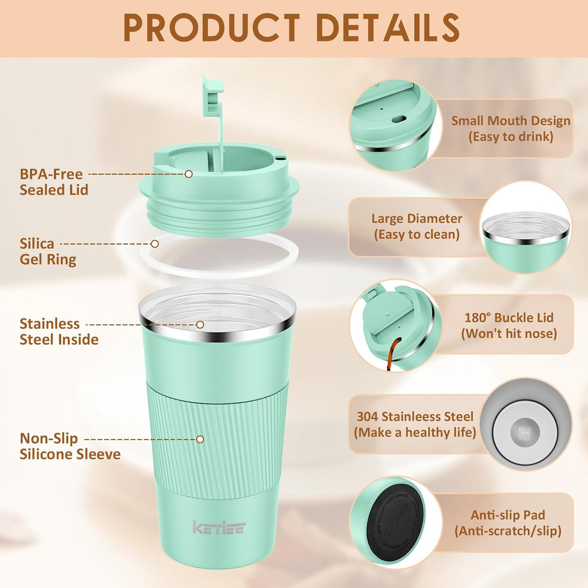 Travel Coffee Mug Spill Proof 12oz, Insulated Travel Mug to Go, Reusable Coffee Cup with Seal Lid, Vacuum Stainless Steel Tumbler for Hot/Cold Drinks (Red)