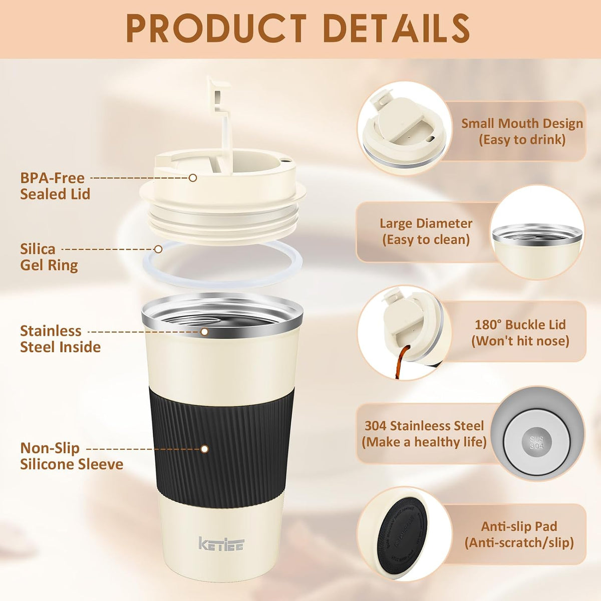 Travel Coffee Mug Spill Proof 12oz, Insulated Travel Mug to Go, Reusable Coffee Cup with Seal Lid, Vacuum Stainless Steel Tumbler for Hot/Cold Drinks (Red)