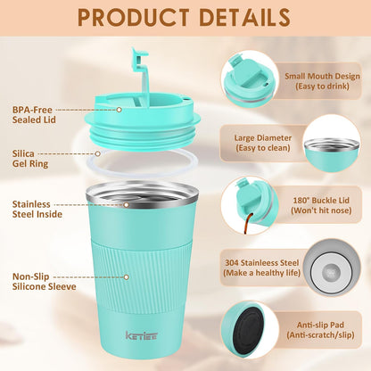 Travel Coffee Mug Spill Proof 12oz, Insulated Travel Mug to Go, Reusable Coffee Cup with Seal Lid, Vacuum Stainless Steel Tumbler for Hot/Cold Drinks (Red)