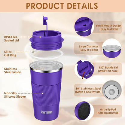 Travel Coffee Mug Spill Proof 12oz, Insulated Travel Mug to Go, Reusable Coffee Cup with Seal Lid, Vacuum Stainless Steel Tumbler for Hot/Cold Drinks (Red)