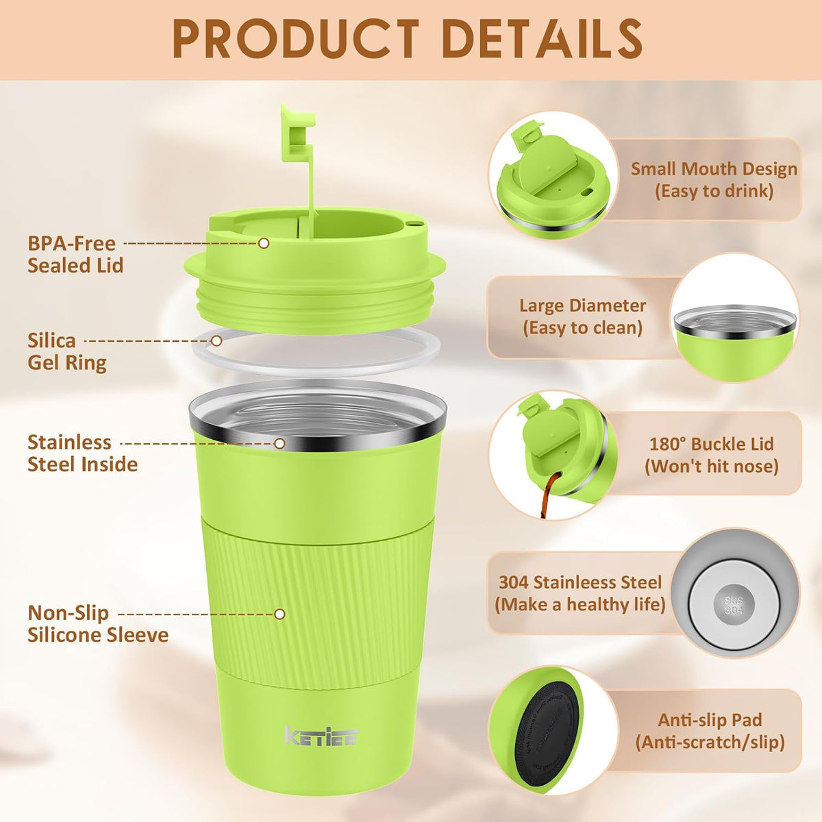 Travel Coffee Mug Spill Proof 12oz, Insulated Travel Mug to Go, Reusable Coffee Cup with Seal Lid, Vacuum Stainless Steel Tumbler for Hot/Cold Drinks (Red)