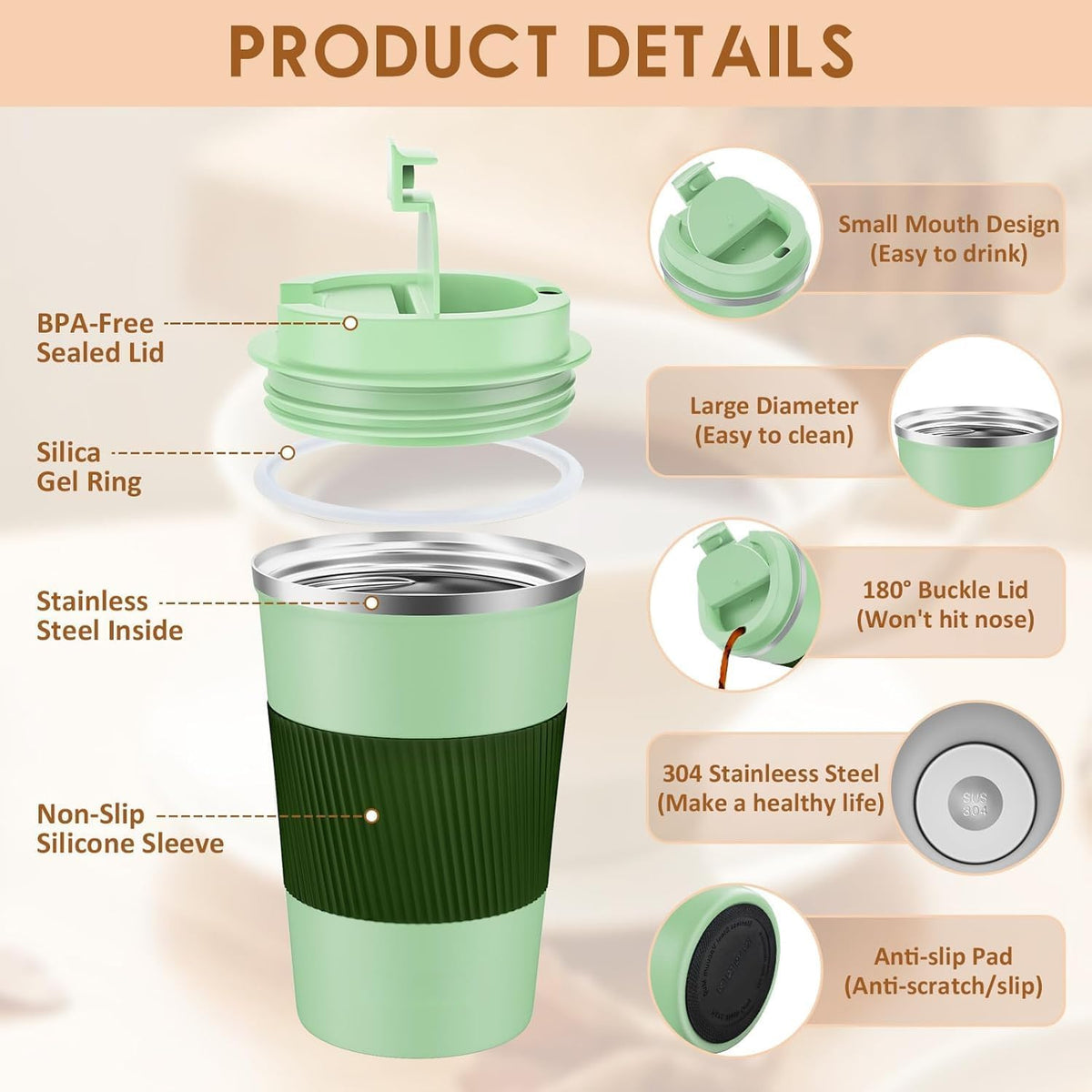 Travel Coffee Mug Spill Proof 12oz, Insulated Travel Mug to Go, Reusable Coffee Cup with Seal Lid, Vacuum Stainless Steel Tumbler for Hot/Cold Drinks (Red)