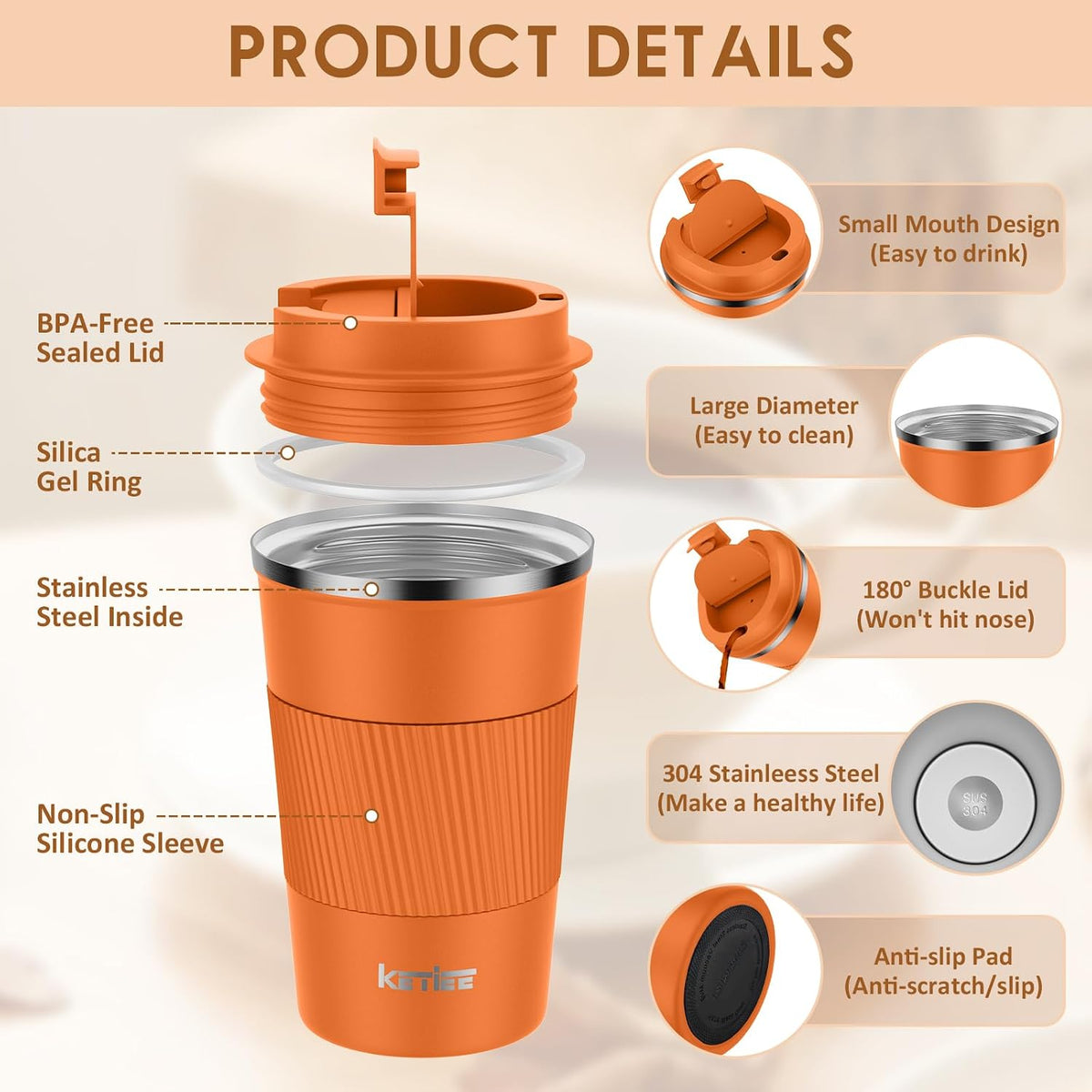 Travel Coffee Mug Spill Proof 12oz, Insulated Travel Mug to Go, Reusable Coffee Cup with Seal Lid, Vacuum Stainless Steel Tumbler for Hot/Cold Drinks (Red)