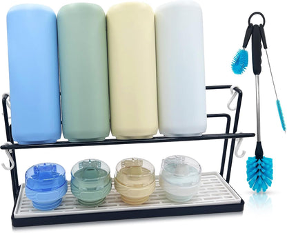 Water Bottle Drying Rack for Kitchen Counter – Cup Drying Rack, Tumbler, Mug & Glass Drying Rack Drying Rack, 2 Tier with Drain Tray and Cleaning Brush Set (Black)