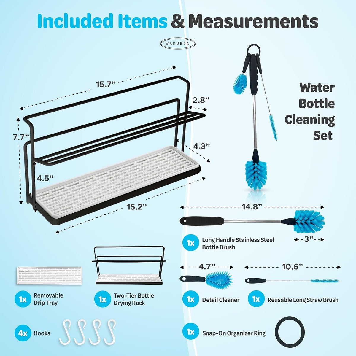 Water Bottle Drying Rack for Kitchen Counter – Cup Drying Rack, Tumbler, Mug & Glass Drying Rack Drying Rack, 2 Tier with Drain Tray and Cleaning Brush Set (Black)