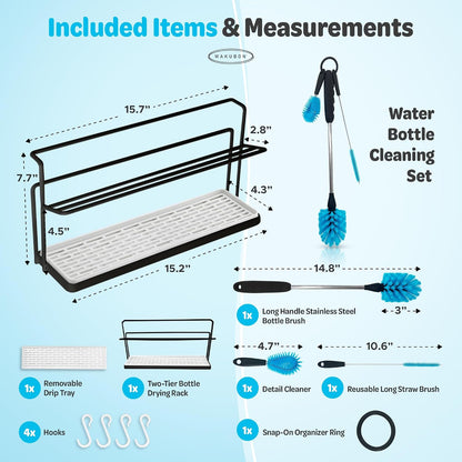 Water Bottle Drying Rack for Kitchen Counter – Cup Drying Rack, Tumbler, Mug & Glass Drying Rack Drying Rack, 2 Tier with Drain Tray and Cleaning Brush Set (Black)