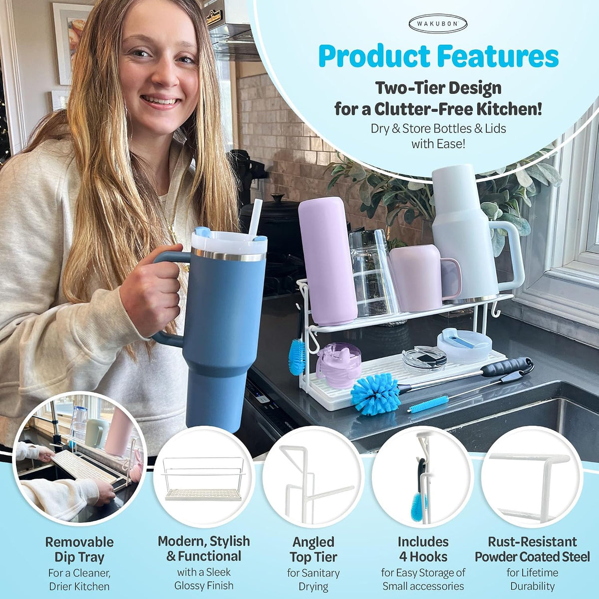 Water Bottle Drying Rack for Kitchen Counter – Cup Drying Rack, Tumbler, Mug & Glass Drying Rack Drying Rack, 2 Tier with Drain Tray and Cleaning Brush Set (Black)