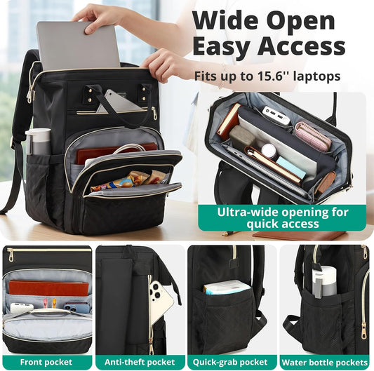 AIJIEKE Lunch Backpack for Women, 15.6 Laptop Backpack, Lunch Box, Black | Water resistant computer bag with insulated leakproof cooler. Travel meal prep backpack for nurse, teacher, college commute