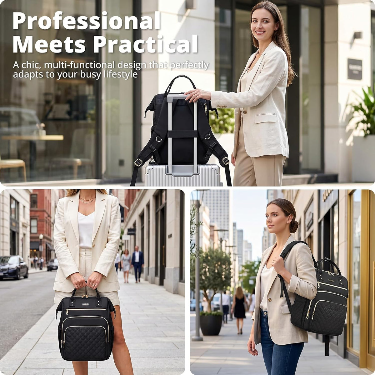 AIJIEKE Lunch Backpack for Women, 15.6 Laptop Backpack, Lunch Box, Black | Water resistant computer bag with insulated leakproof cooler. Travel meal prep backpack for nurse, teacher, college commute