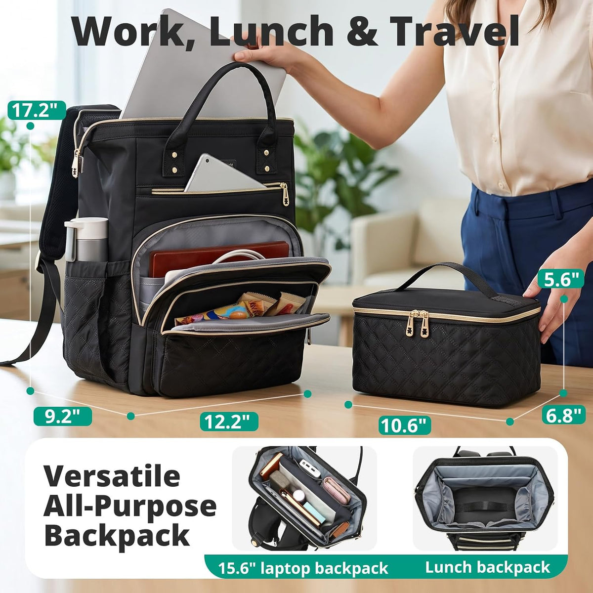 AIJIEKE Lunch Backpack for Women, 15.6 Laptop Backpack, Lunch Box, Black | Water resistant computer bag with insulated leakproof cooler. Travel meal prep backpack for nurse, teacher, college commute