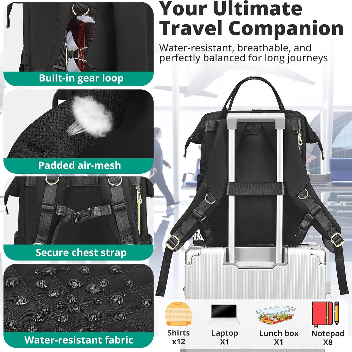 AIJIEKE Lunch Backpack for Women, 15.6 Laptop Backpack, Lunch Box, Black | Water resistant computer bag with insulated leakproof cooler. Travel meal prep backpack for nurse, teacher, college commute