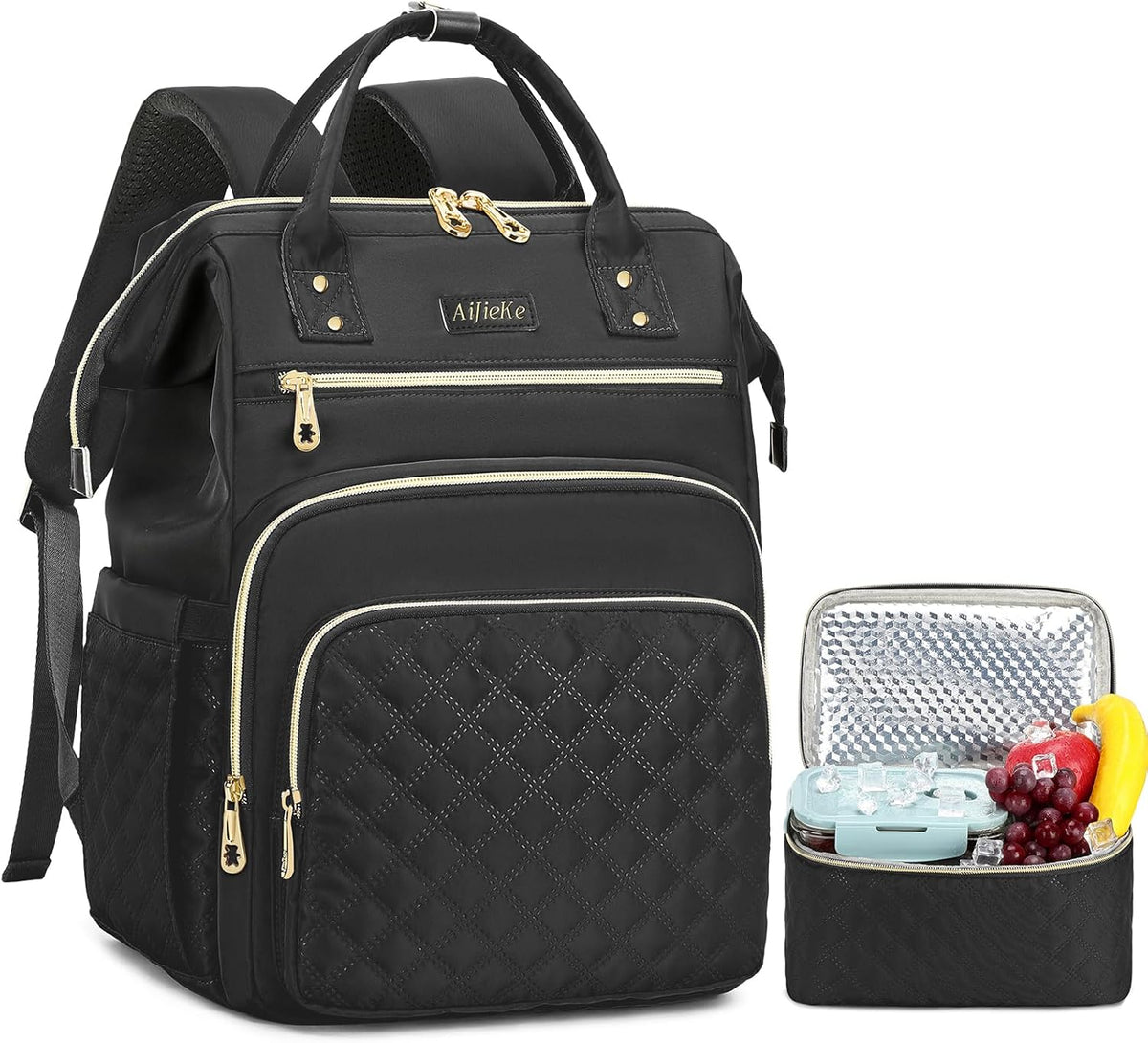 AIJIEKE Lunch Backpack for Women, 15.6 Laptop Backpack, Lunch Box, Black | Water resistant computer bag with insulated leakproof cooler. Travel meal prep backpack for nurse, teacher, college commute