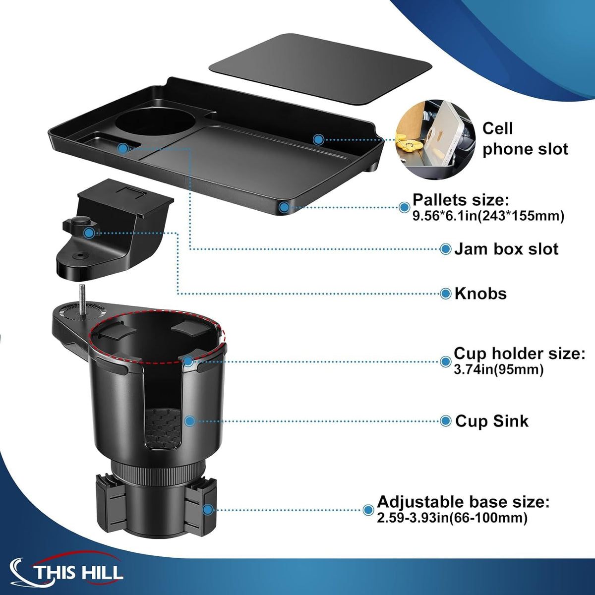 This Hill Car Cup Holder Tray 2-in-1 Detachable Car Food Table Tray