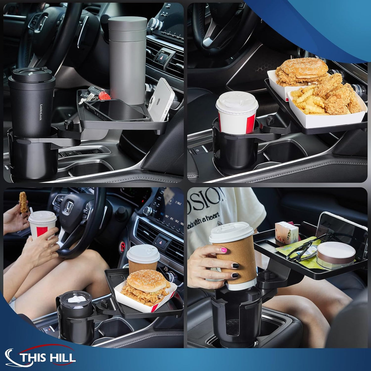 This Hill Car Cup Holder Tray 2-in-1 Detachable Car Food Table Tray