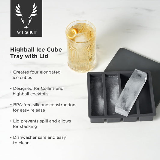 Highball Ice Cube Tray with Lid, Silicone Mold for Easy Release, Makes 4 Elongated Ice Cubes for Highball Cocktails, Vodka Soda, Rum Punch, Bar Cart, Home Bar, Man Cave Gifts, Set of 1, Gray