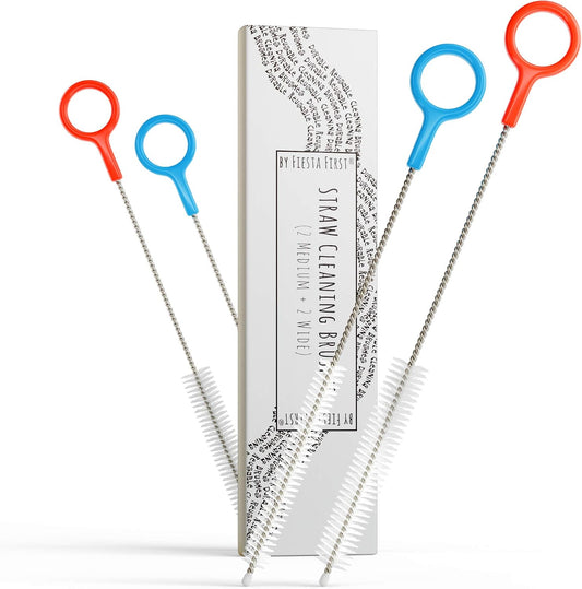 Heavy Duty Cleaning Brushes Set of 4 - Extra Long Straw Cleaners for Metal and Plastic Reusable Drinking Straws, to Clean Small Spaces, Sippy Cups, Water Bottles - Sturdy Hard Brush Bristles