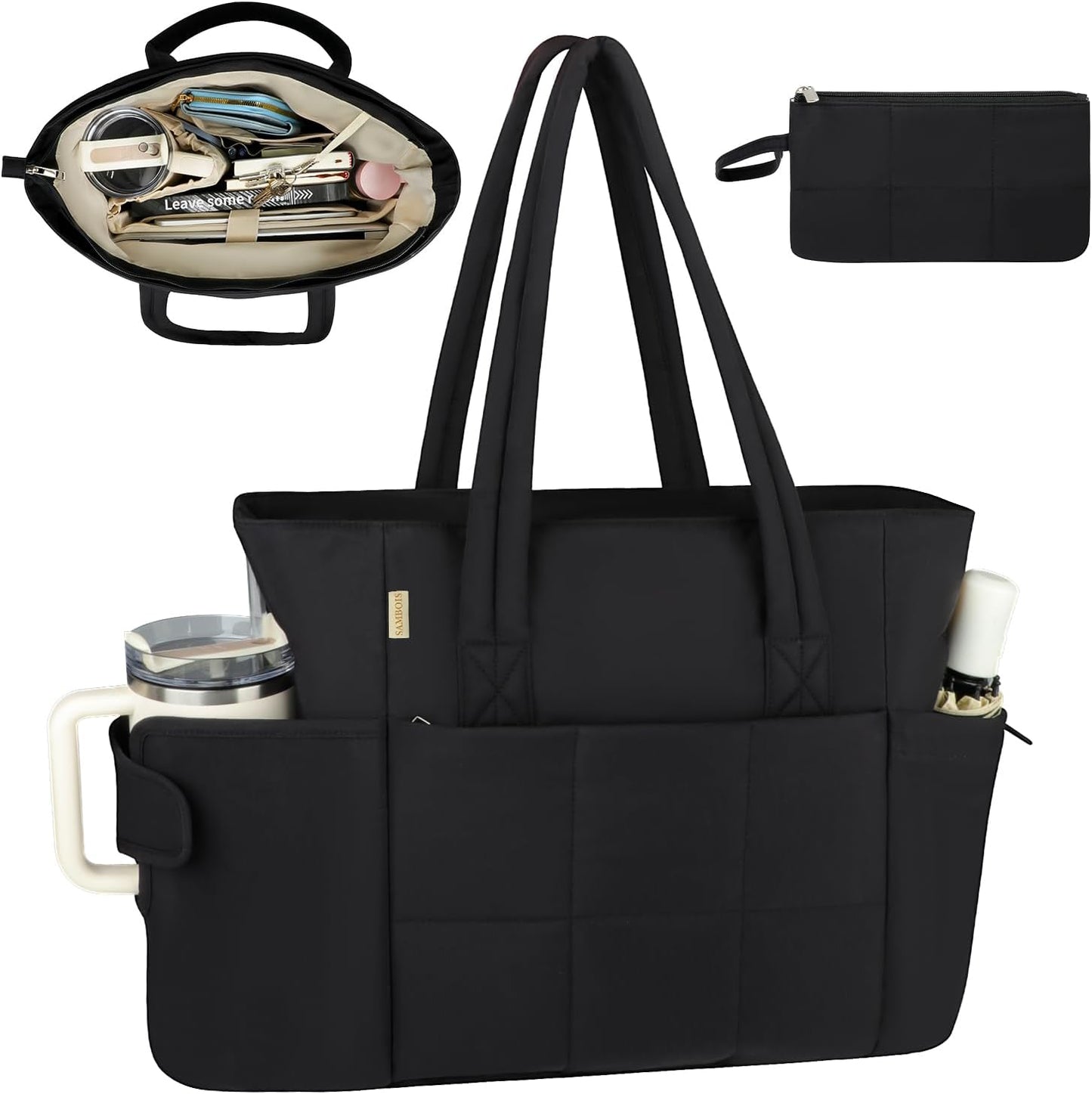Puffer Tote Bag with Large Cup Holder& 15.6 Inch Laptop Compartment, Lightweight Puffy Work Bag with Water Bottle Pocket, Large Laptop Tote with Clutch Purse for Women Teacher Nurse (Black)