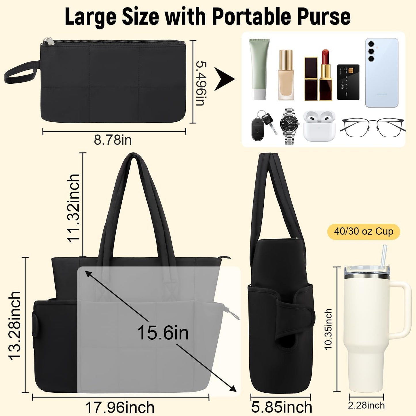 Puffer Tote Bag with Large Cup Holder& 15.6 Inch Laptop Compartment, Lightweight Puffy Work Bag with Water Bottle Pocket, Large Laptop Tote with Clutch Purse for Women Teacher Nurse (Black)