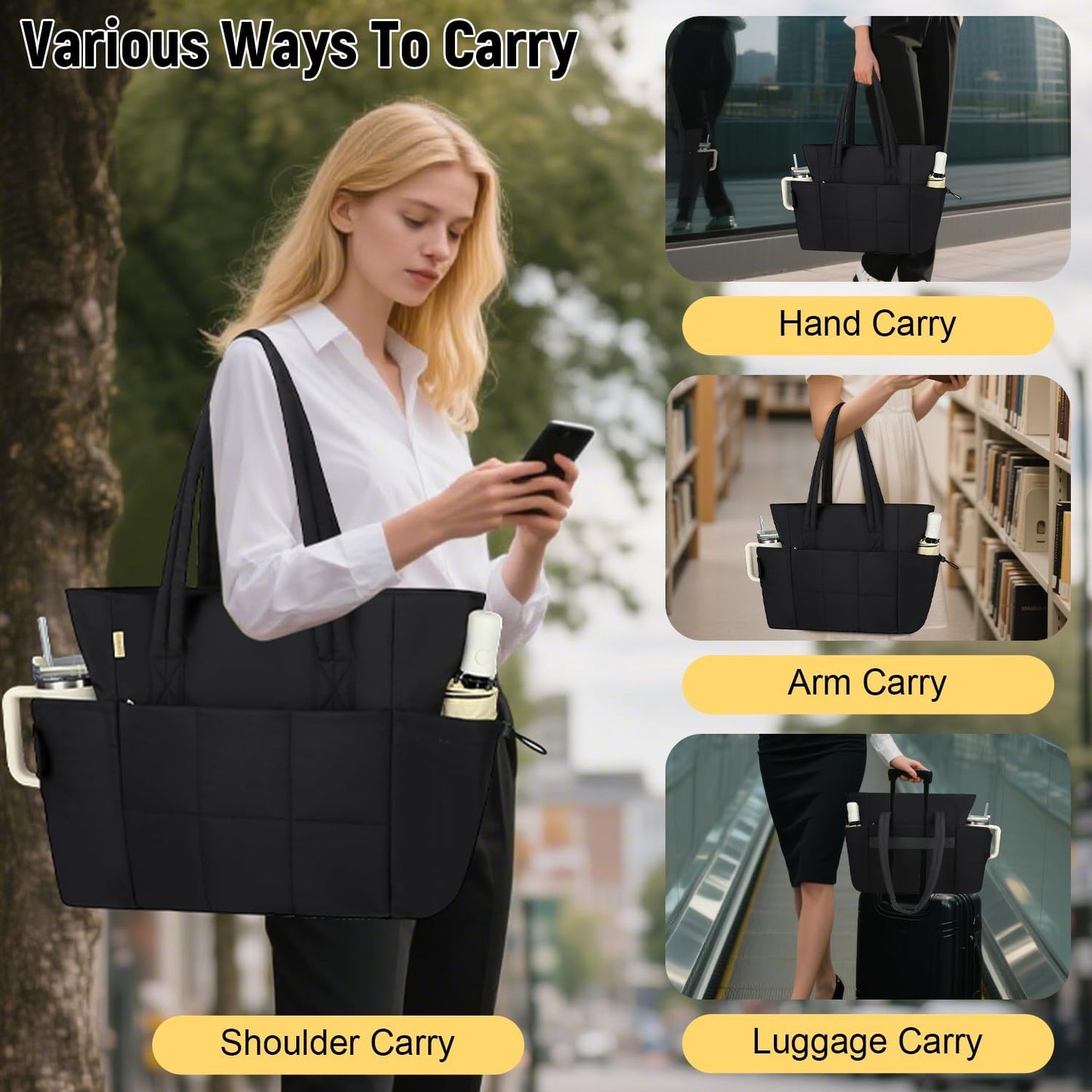Puffer Tote Bag with Large Cup Holder& 15.6 Inch Laptop Compartment, Lightweight Puffy Work Bag with Water Bottle Pocket, Large Laptop Tote with Clutch Purse for Women Teacher Nurse (Black)