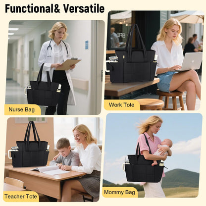 Puffer Tote Bag with Large Cup Holder& 15.6 Inch Laptop Compartment, Lightweight Puffy Work Bag with Water Bottle Pocket, Large Laptop Tote with Clutch Purse for Women Teacher Nurse (Black)