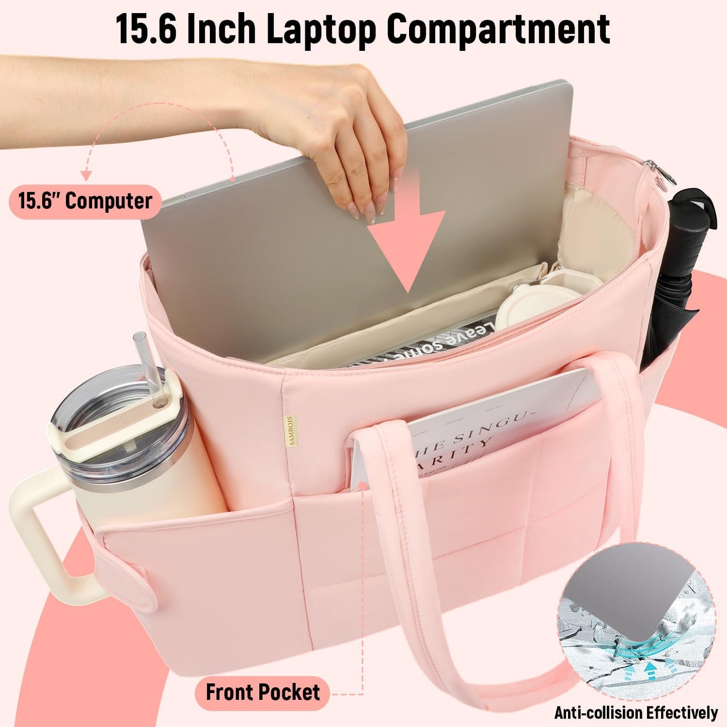 Puffer Tote Bag with Large Cup Holder& 15.6 Inch Laptop Compartment, Lightweight Puffy Work Bag with Water Bottle Pocket, Large Laptop Tote with Clutch Purse for Women Teacher Nurse (Black)