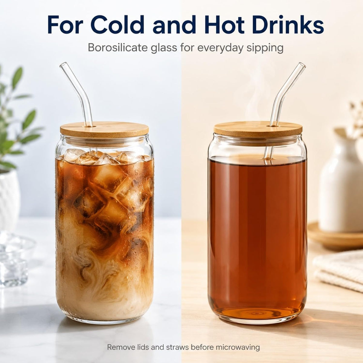 Glass Cups with Lids and Straws 1 Pack, 16 oz Glass Coffee Cup with Bamboo Lid, Glass Straw and Cleaning Brush, Iced Coffee Cup for Matcha, Soda, Tea and Daily Drinks