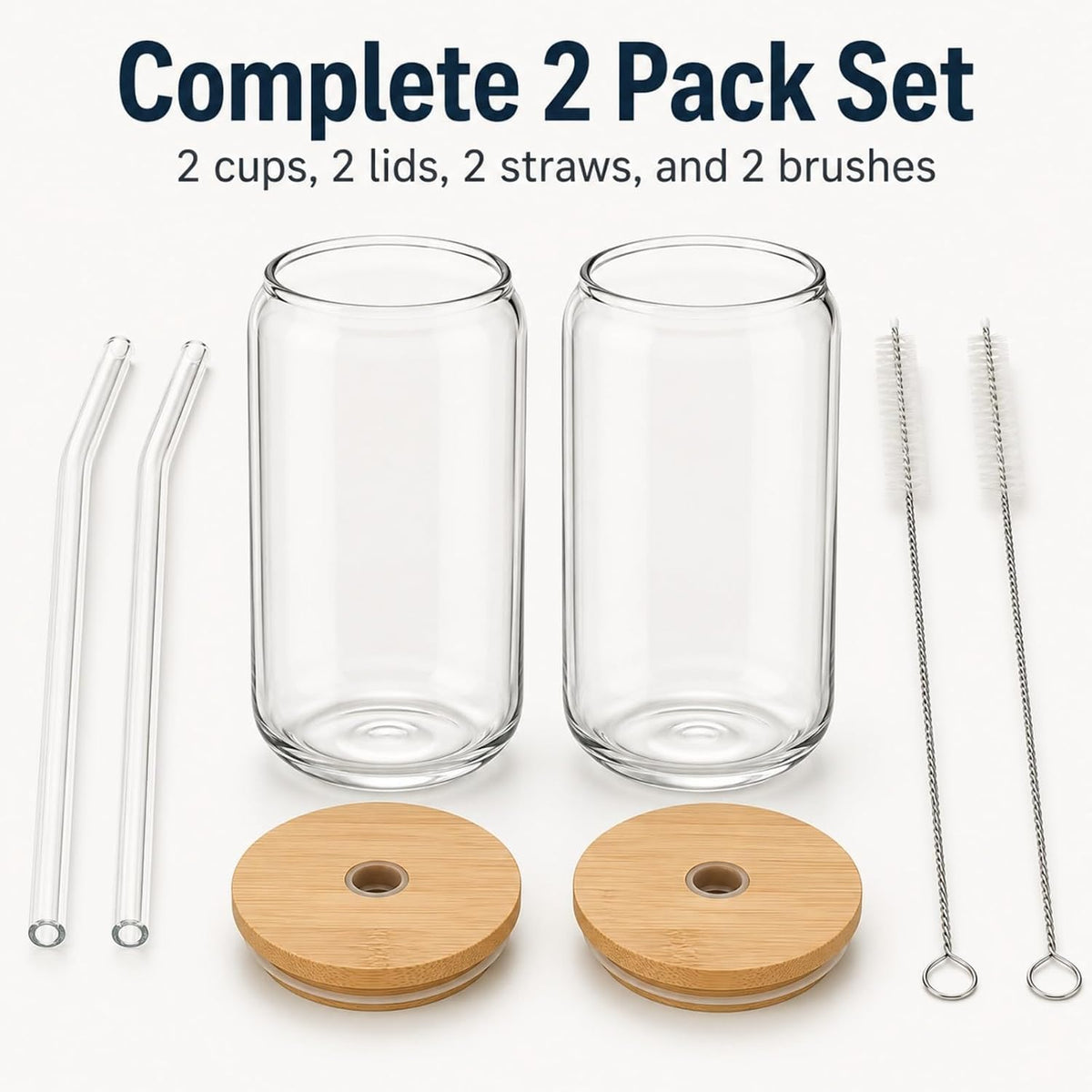 Glass Cups with Lids and Straws 1 Pack, 16 oz Glass Coffee Cup with Bamboo Lid, Glass Straw and Cleaning Brush, Iced Coffee Cup for Matcha, Soda, Tea and Daily Drinks
