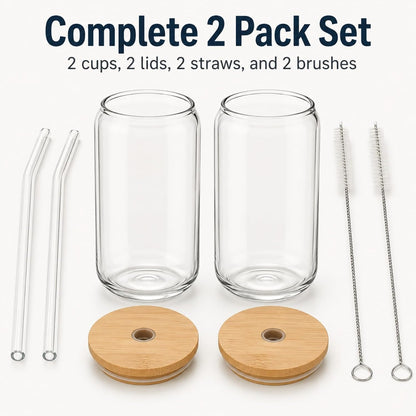 Glass Cups with Lids and Straws 1 Pack, 16 oz Glass Coffee Cup with Bamboo Lid, Glass Straw and Cleaning Brush, Iced Coffee Cup for Matcha, Soda, Tea and Daily Drinks