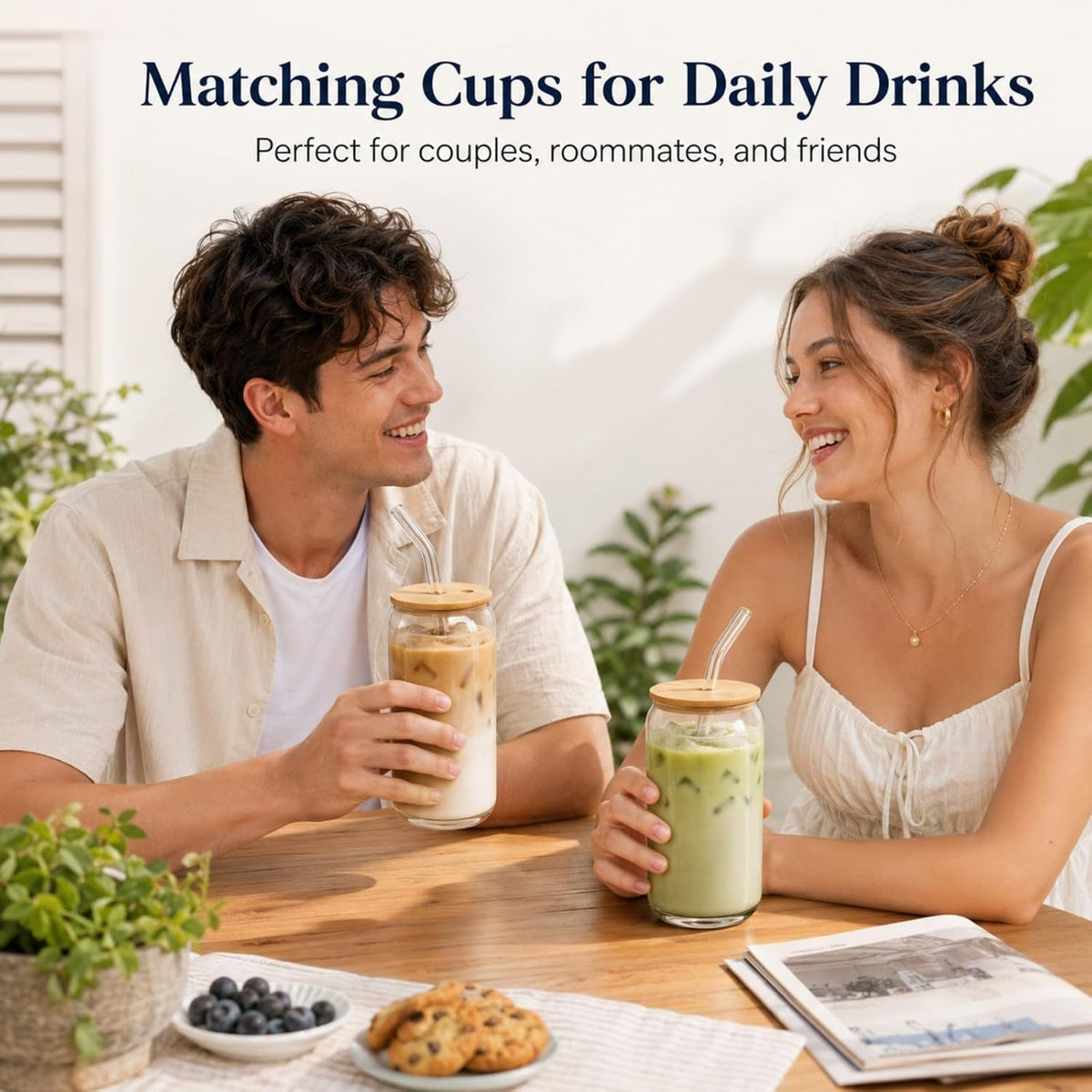 Glass Cups with Lids and Straws 1 Pack, 16 oz Glass Coffee Cup with Bamboo Lid, Glass Straw and Cleaning Brush, Iced Coffee Cup for Matcha, Soda, Tea and Daily Drinks