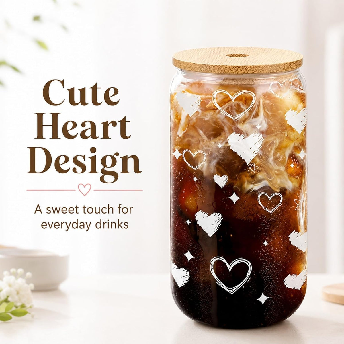 Glass Cups with Lids and Straws 1 Pack, 16 oz Glass Coffee Cup with Bamboo Lid, Glass Straw and Cleaning Brush, Iced Coffee Cup for Matcha, Soda, Tea and Daily Drinks