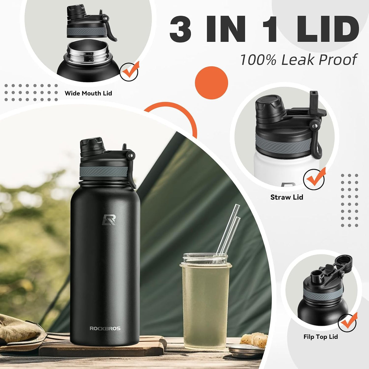 Insulated Water Bottle with Straw, Stainless Steel Sports Bottle